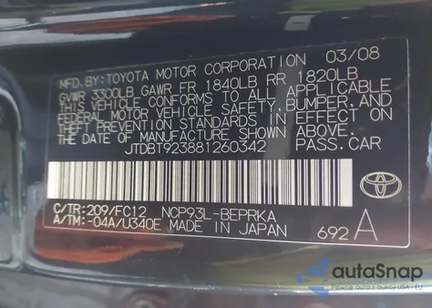 2008 Toyota Yaris from USA, damaged, VIN JTDBT923881260342